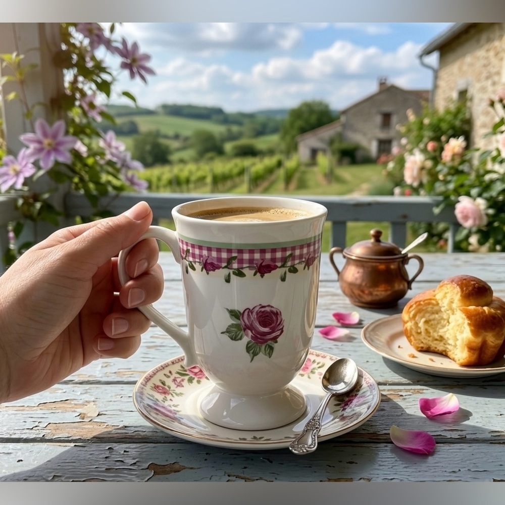 Vintage Home Trends Pink Rose Pedestal Mug, Cottagecore Gingham